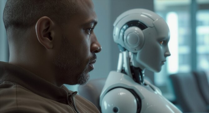 Side profile view of a Black man looking ahead alongside a sleek white humanoid robot in a modern corporate office interior, conceptualizing artificial intelligence and future technology.