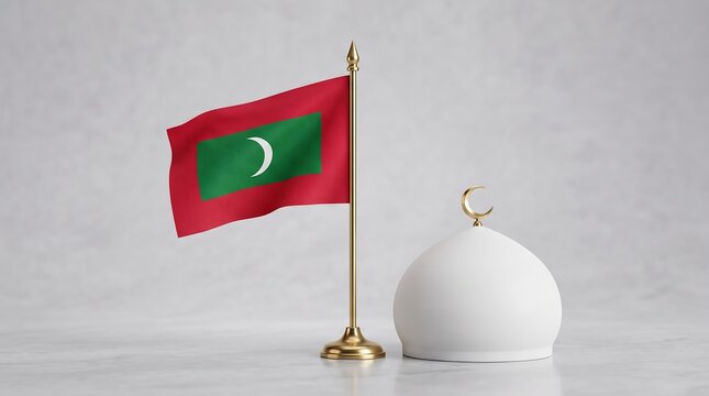 Small Maldives flag on gold desk pole standing next to white Islamic mosque dome on marble surface representing national pride and religious culture