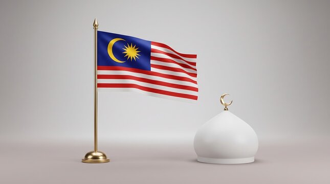 Small Malaysia flag on gold desk pole standing next to white Islamic mosque dome on marble surface representing national pride and religious culture