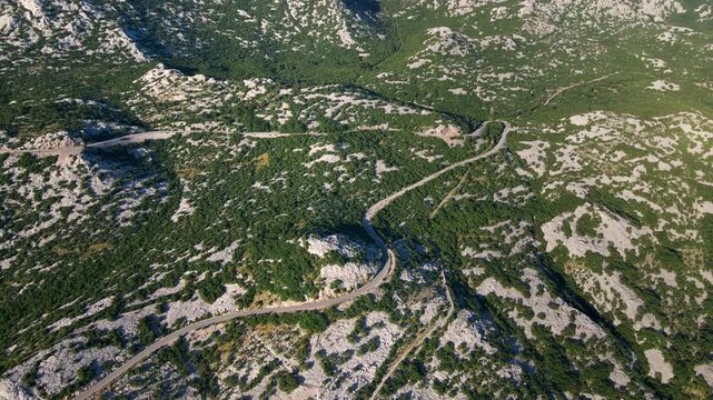 Winding mountain road through rocky green landscape from above