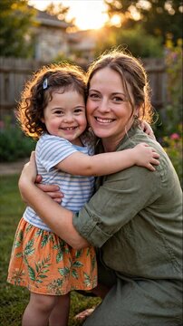 Woman embraces a happy child outdoors in warm sunlight