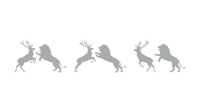 Wild deer and lion silhouettes in combat stance for nature conservation and logo designs.