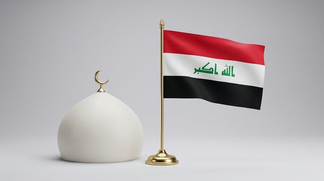 Iraq flag on golden pole with white mosque dome isolated background 3d render
