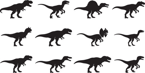Fototapeta premium Set of black silhouette depicting various dinosaur species, prehistoric animals, and extinct reptiles for educational projects