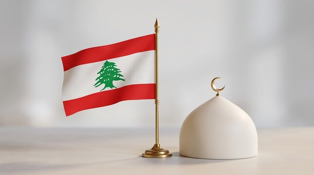 Small Lebanon flag on gold desk pole standing next to white Islamic mosque dome on marble surface representing national pride and religious culture