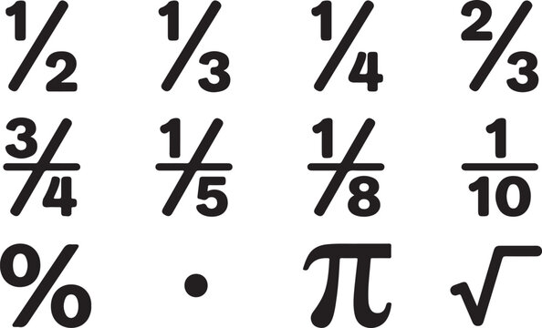 Set of black mathematical fraction and symbol featuring division, percentage, pi, and square root on a white background