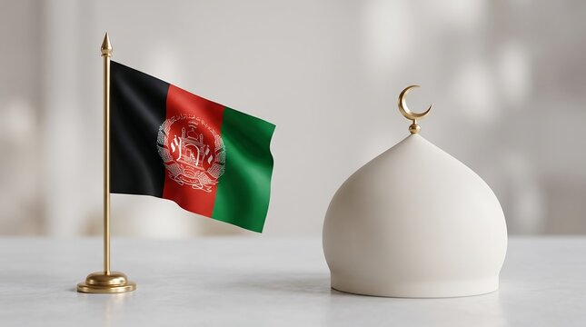 Afghanistan flag on golden pole beside white mosque dome 3d render