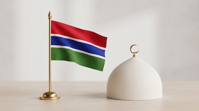 Gambia flag on golden pole with white mosque dome 3d studio render
