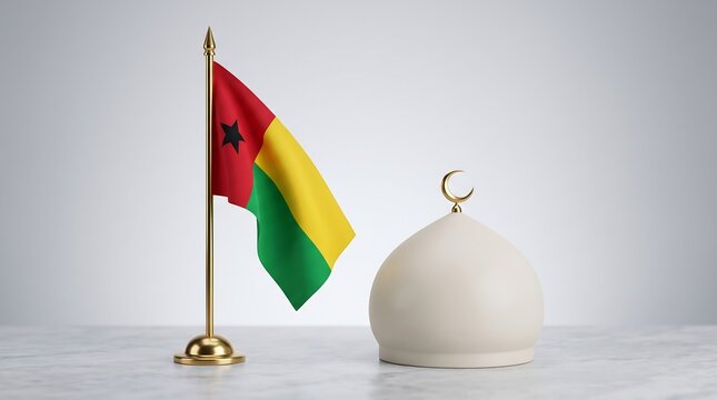 Guinea-Bissau flag on golden pole with white mosque dome 3d render