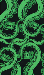 Green kraken octopus tentacles seamless pattern cartoon line art vector illustration on black background © Anna Poturnak