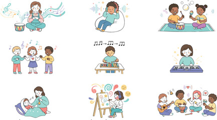 Fototapeta premium Children Music Learning and Creative Expression Illustration Set with Singing, Drums, Piano, Rhythm, Art, Relaxation, and Group Activities