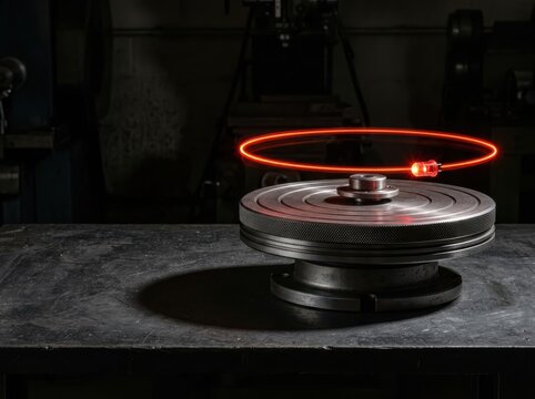 Precision rotary table with glowing red ring for industrial technology concepts