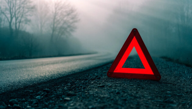 Red warning triangle on a foggy road side, emergency car breakdown sign on asphalt highway.