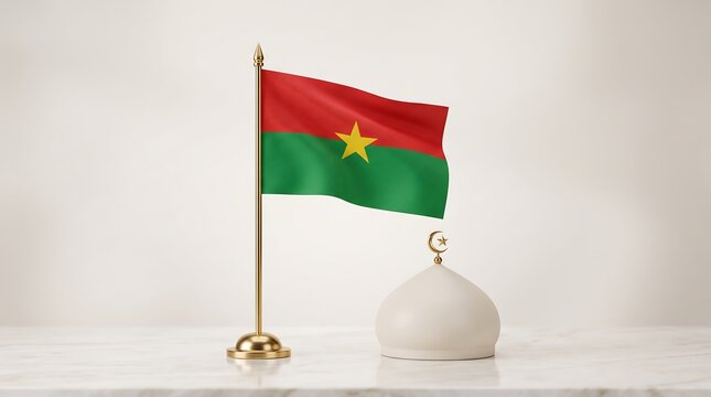 Burkina Faso flag on golden pole with white mosque dome on marble surface representing Islamic culture and national identity in 3D render