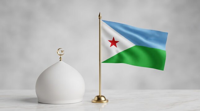 Djibouti flag on golden pole next to white mosque dome 3d render