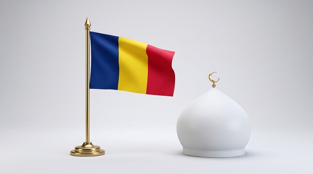 Chad flag on golden pole with white mosque dome on marble surface representing Islamic culture and national identity in 3D render