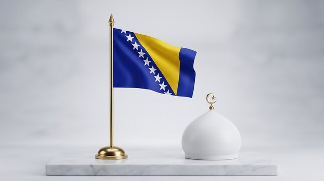 Bosnia and Herzegovina flag on golden pole with white mosque dome on marble surface representing Islamic culture and national identity in 3D render