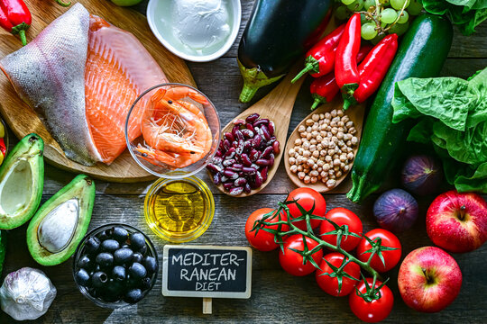 Food products representing the Mediterranean diet