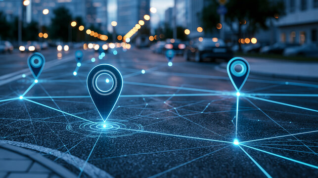 Digital location pins connect over a city street at night. Smart city navigation and connectivity concept for modern.