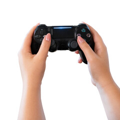 Hands holding video game controller PNG isolated on transparent background, gamer hands with gamepad for gaming and entertainment designs © Iryna