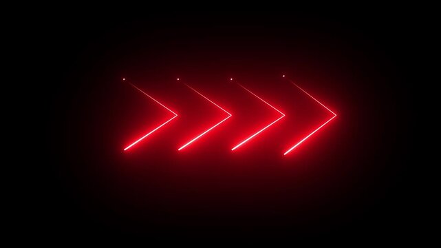 Neon red glowing arrow motion graphic flashing in sequence against black background creating dynamic pointer directional animation for futuristic interface high technology gaming and digital signage.