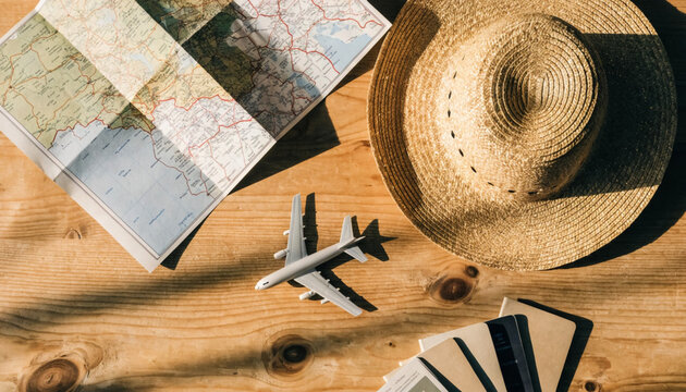 Travel planning concept with toy airplane, paper map, straw hat and credit cards on wood