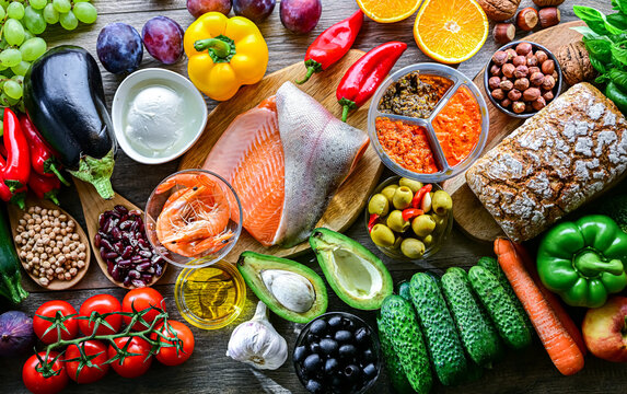 Food products representing the Mediterranean diet