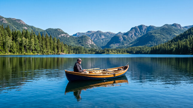 Man rowing a wooden boat on a calm mountain lake with forest and rocky peaks in background