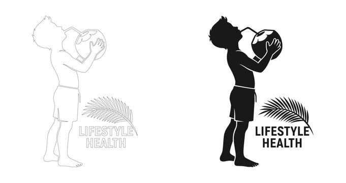 Silhouette Vector Of Boy Drinking Fresh Coconut Water For Healthy Lifestyle