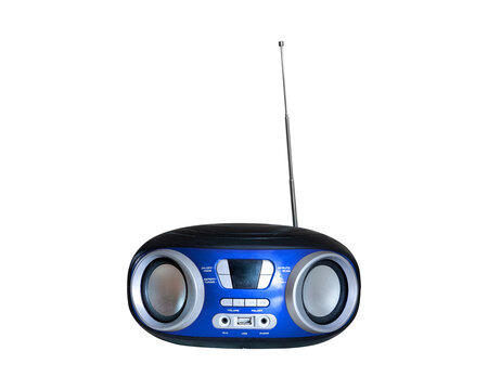 Blue retro portable radio isolated PNG on transparent background, vintage AM FM radio receiver