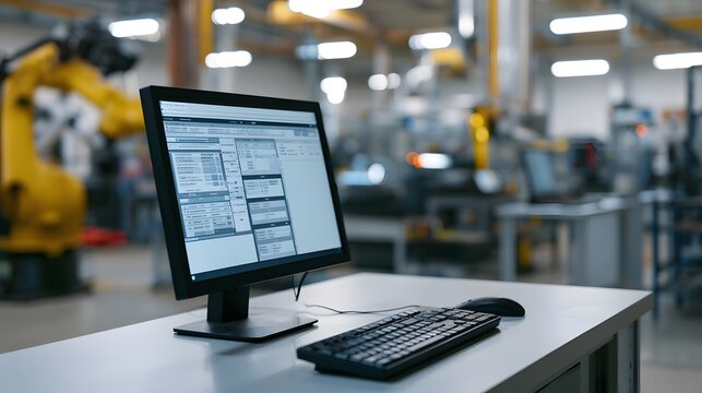 A computer monitor displaying industrial control software on a desk in a modern factory with robotic arms in the background