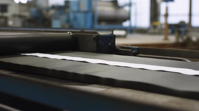 Industrial conveyor machinery with white paper strip resting beneath metal roller inside workshop, showing material handling components, factory equipment, and precise mechanical detail in muted