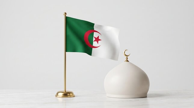 Algeria flag on golden pole with white mosque dome on marble surface representing Islamic culture and national identity in 3D render
