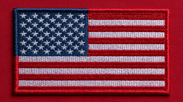 A detailed close-up of a high-quality embroidered American flag patch. Ideal for patriotic, national pride, and.