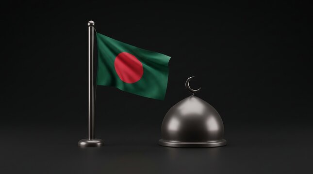 Bangladesh flag on metallic pole with dark mosque dome on black background representing Islamic culture and national identity in 3D render