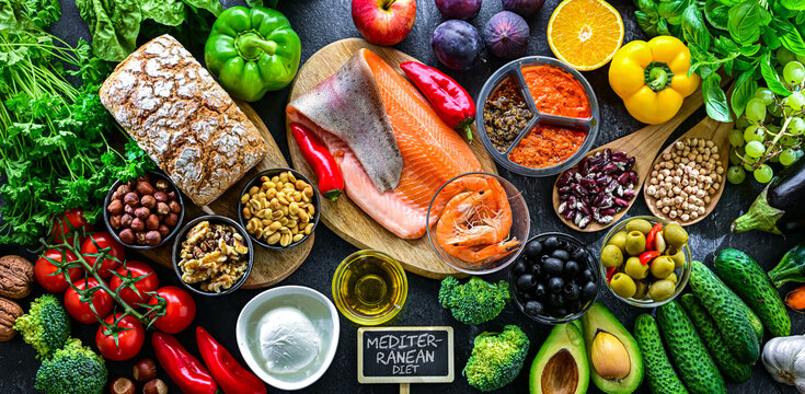 Food products representing the Mediterranean diet