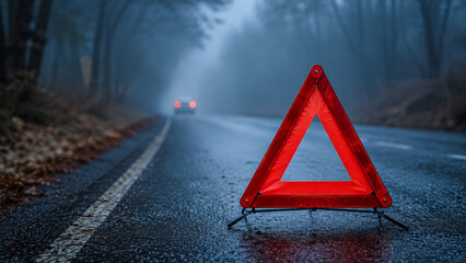 Fototapeta premium Red warning triangle on a foggy road during a car breakdown emergency