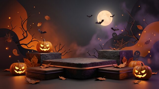 Empty product display podium with glowing jack o lantern pumpkins at night under a full moon for a spooky halloween celebration background