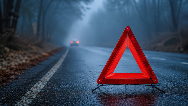 Red warning triangle on a foggy road during a car breakdown emergency