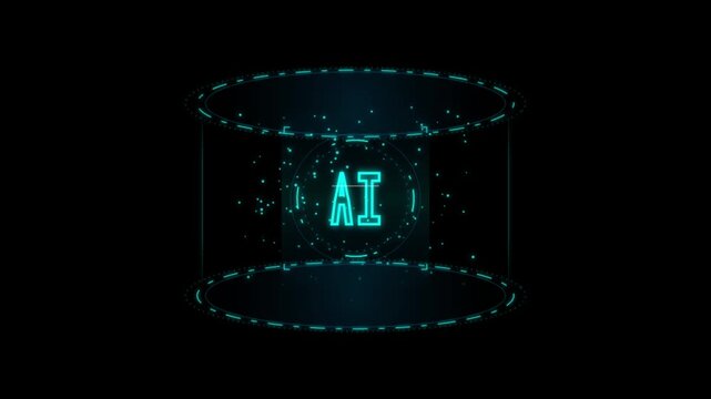 Abstract futuristic AI text logo inside glowing cyan hologram cylinder HUD on dark background animation.