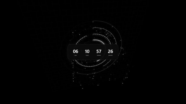 Futuristic digital HUD countdown timer panel with rotating circles on dark grid background animation.