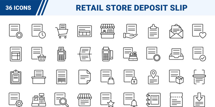 Deposit Slip Retail Order Deposit Web Icon Set in Linear Style. Collection of Retail Payment line icons, including down payment, order processing, booking, retail, checkout, store balance.