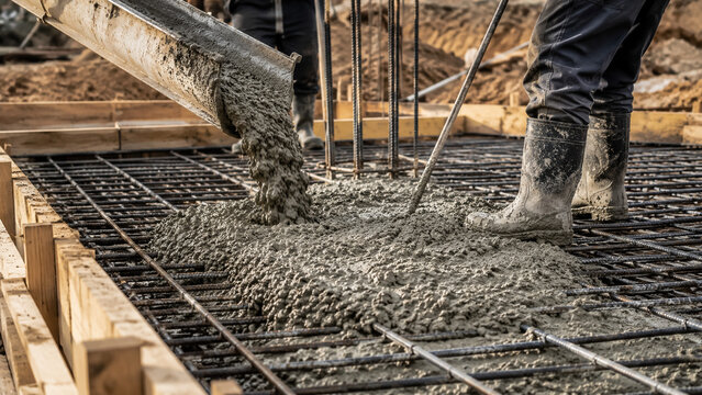Construction workers pouring wet concrete into steel rebar foundation at building site