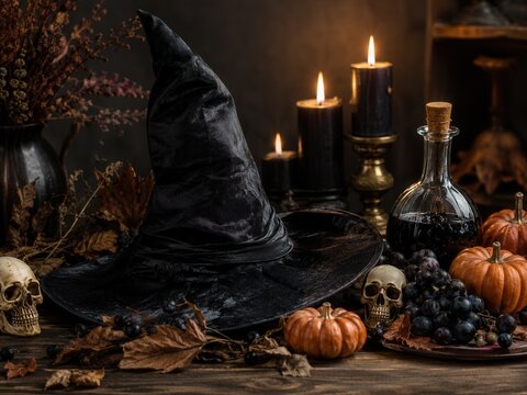 Hexenhut, Totensch&auml;del, K&uuml;rbisse und dunkler Zaubertrank arrangiert als stimmungsvolles Halloween-Stillleben mit schwarzen Kerzen, Herbstlaub und geheimnisvoller Gothic-Atmosph&auml;re.