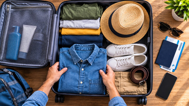 Person packing clothes and travel accessories into a suitcase for a summer vacation trip