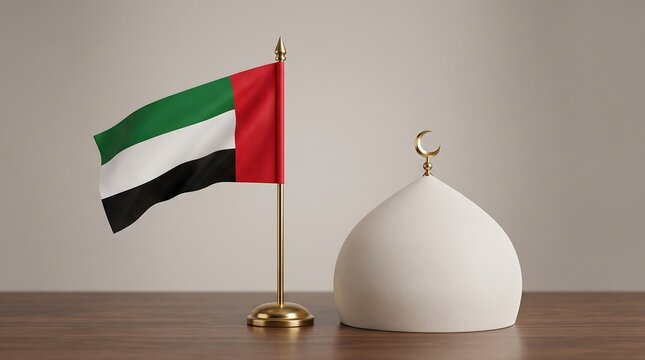 United Arab Emirates flag on golden desk pole next to white mosque dome 3D render representing Gulf Islamic culture and national identity