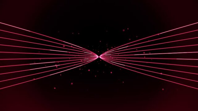 Abstract glowing pink neon laser lines converging with floating particles on dark background animation.