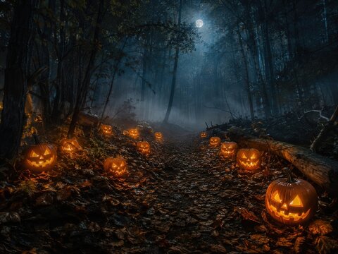 N&auml;chtlicher Waldweg mit leuchtenden Jack-o&rsquo;-Lanterns, Nebel und Vollmond. Mystische Halloween-Landschaft mit dunklen B&auml;umen und warmem K&uuml;rbislicht in unheimlicher Stimmung.