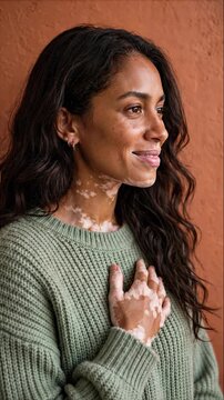 Woman practices mindful breathing with hand on chest