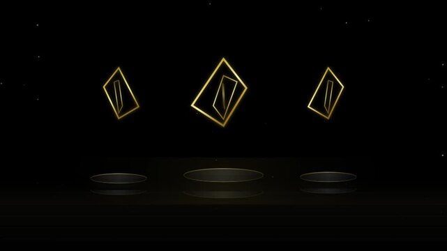 Abstract luxury 3D black podiums with rotating golden diamond frames and floating particles on dark background.